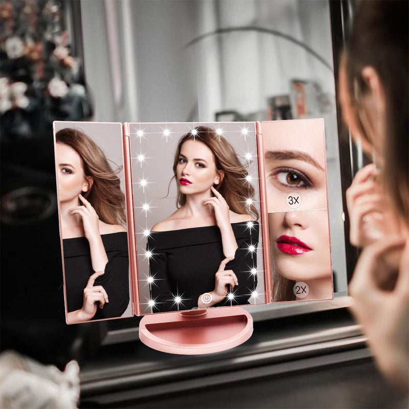 WEILY Lighted Makeup Mirror  Tri-fold Vanity Mirror with 1X/2X/3X Magnification Mirrors  21 Natural LED Nights and Touch Screen  Chargeable Travel Cosmetic Mirror for Desktop (Rose Gold) - Image 2